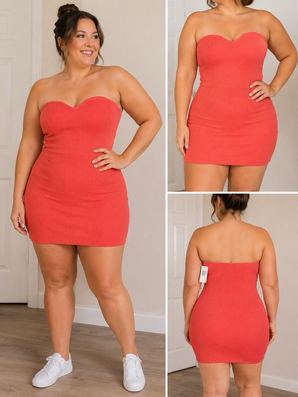 Almost Famous 2X Coral Red Strapless Ribbed Bodycon Mini Dress Sweetheart